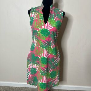 Katherine Way Women’s Seaside Green Pink Tropical Leaf V~Neck Shift Dress Sz S